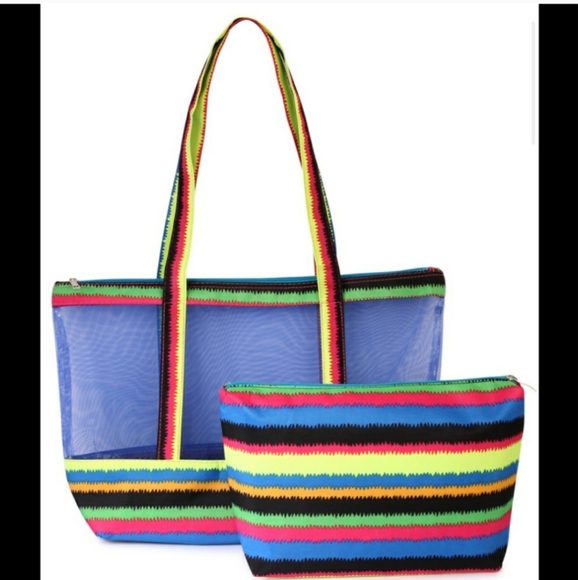 riah fashion Handbags - Two bag beach tote set blue/multi striped mesh